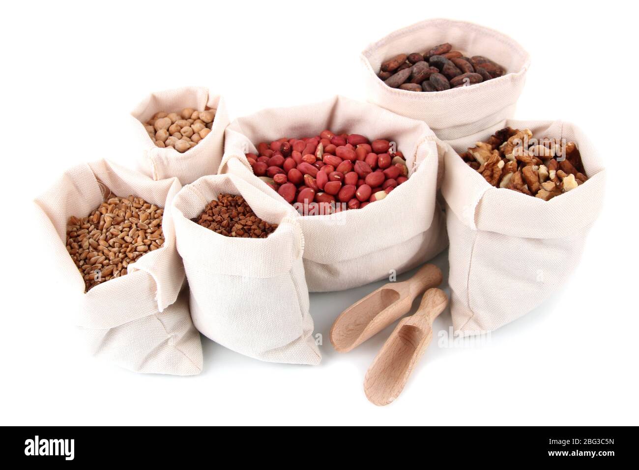 Different kinds of beans in sacks isolated on white Stock Photo Alamy