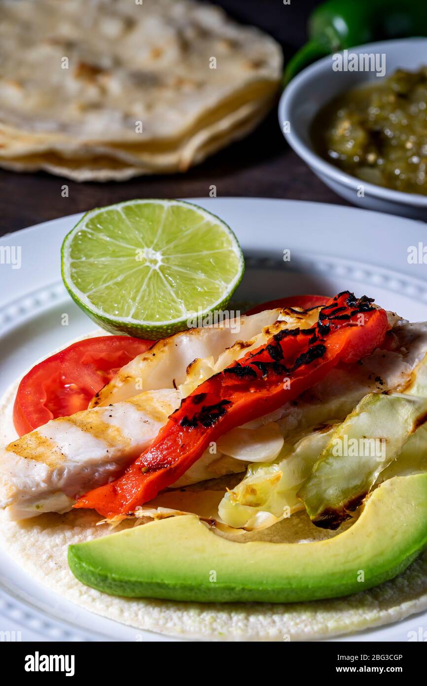 Grilled mahi fish tacos Stock Photo - Alamy