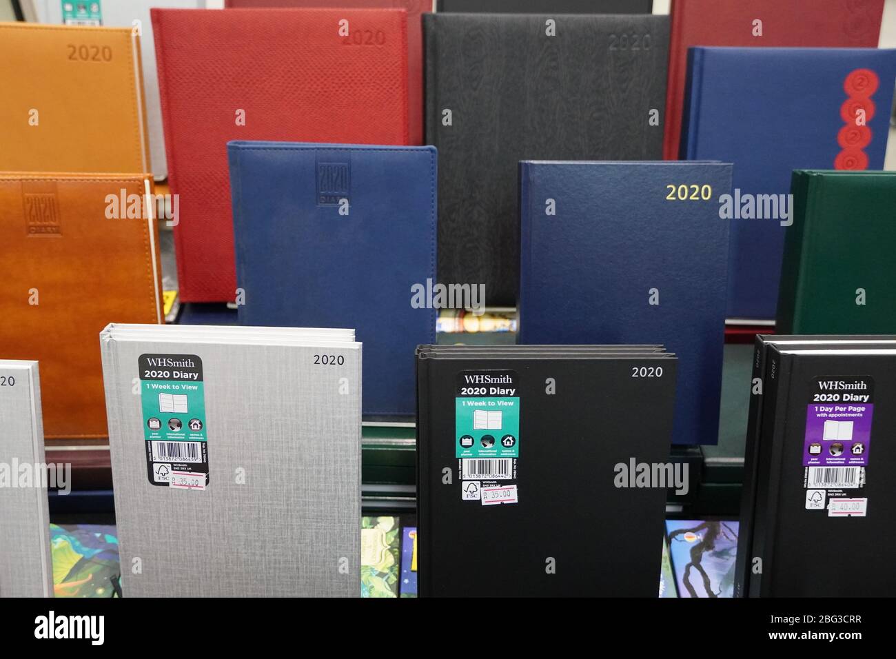Fancy Notebooks, diaries for arranged sale at a shop. Nice organizer books for your planning. New year 2020 colorful diary on sale. - Dubai UAE Decemb Stock Photo