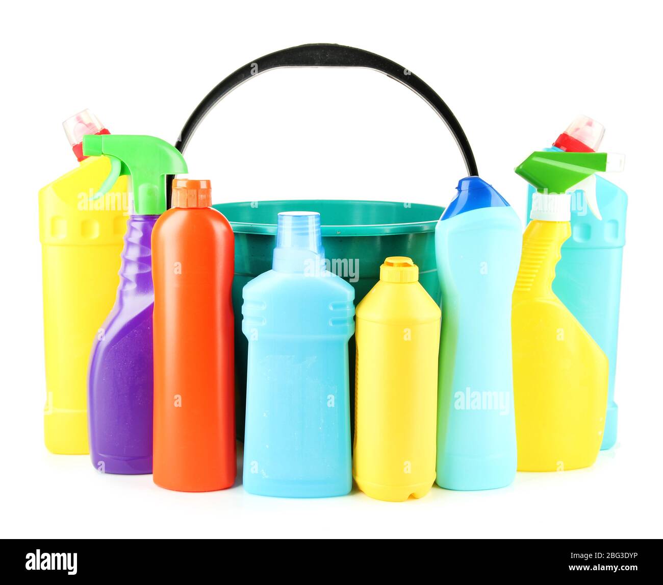 Colorful plastic detergent bottles with bucket, isolated on white Stock
