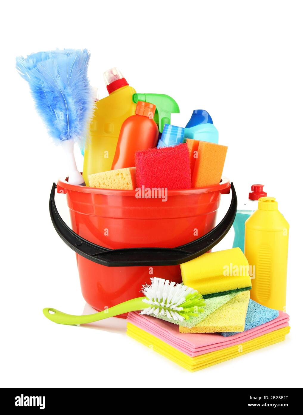 Cleaning items in bucket isolated on white Stock Photo Alamy
