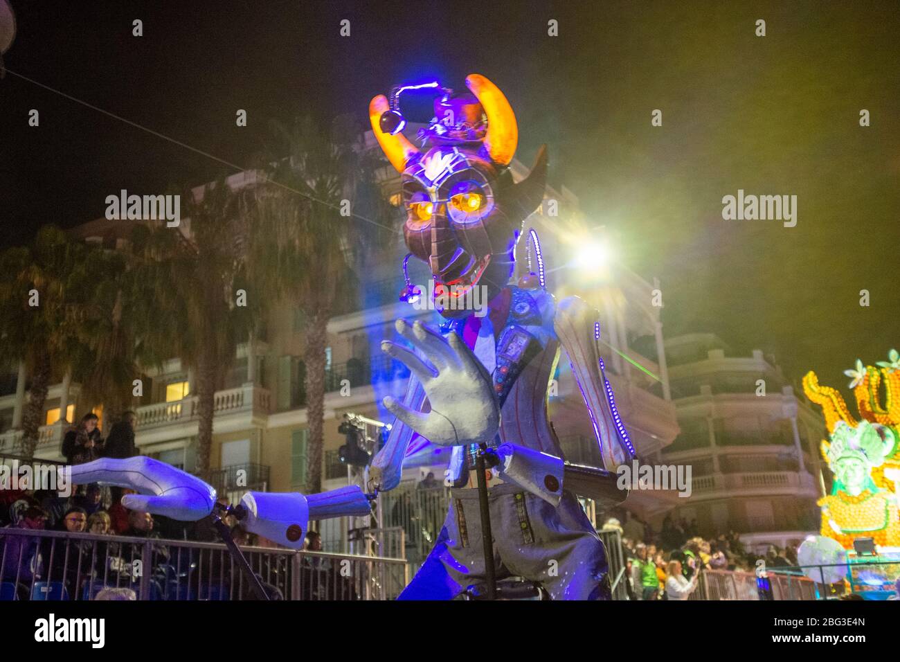 Demon puppet in the night parade of the 87th Fête du Citron (Lemon Festival) in Menton, France. The festival was cancelled due to the outbreak of novel coronavirus disease (COVID-19) Stock Photo