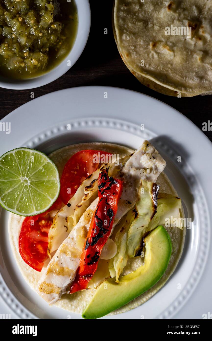 Grilled mahi fish tacos. Stock Photo