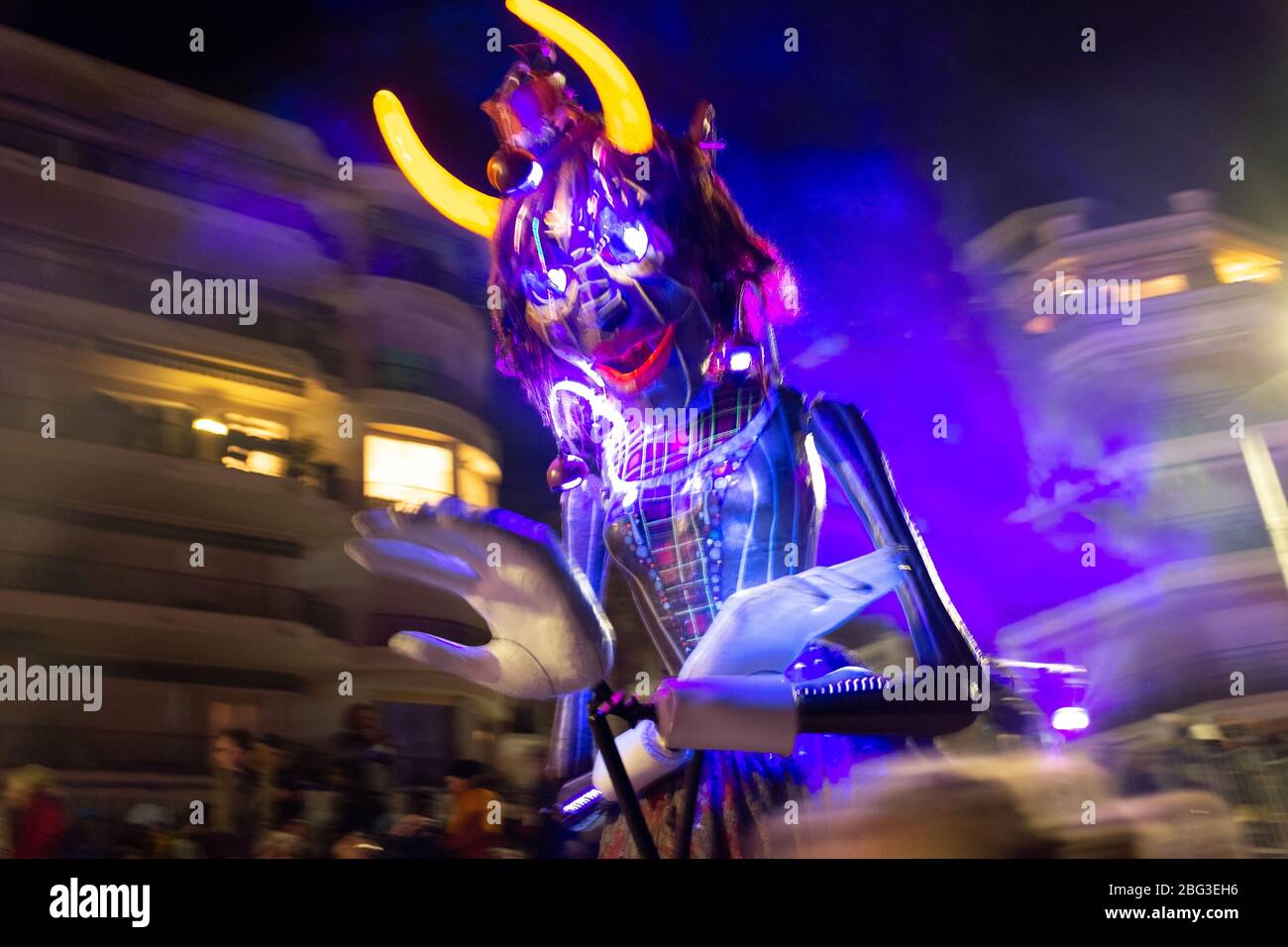 Demon puppet in the night parade of the 87th Fête du Citron (Lemon Festival) in Menton, France. The festival was cancelled due to the outbreak of novel coronavirus disease (COVID-19) Stock Photo