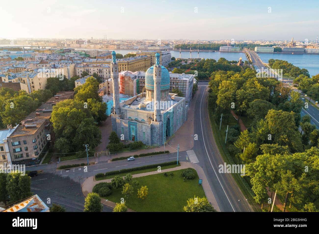 The building of an old mosque in the cityscape on a July morning (aerial photography). Saint-Petersburg, Russia Stock Photo