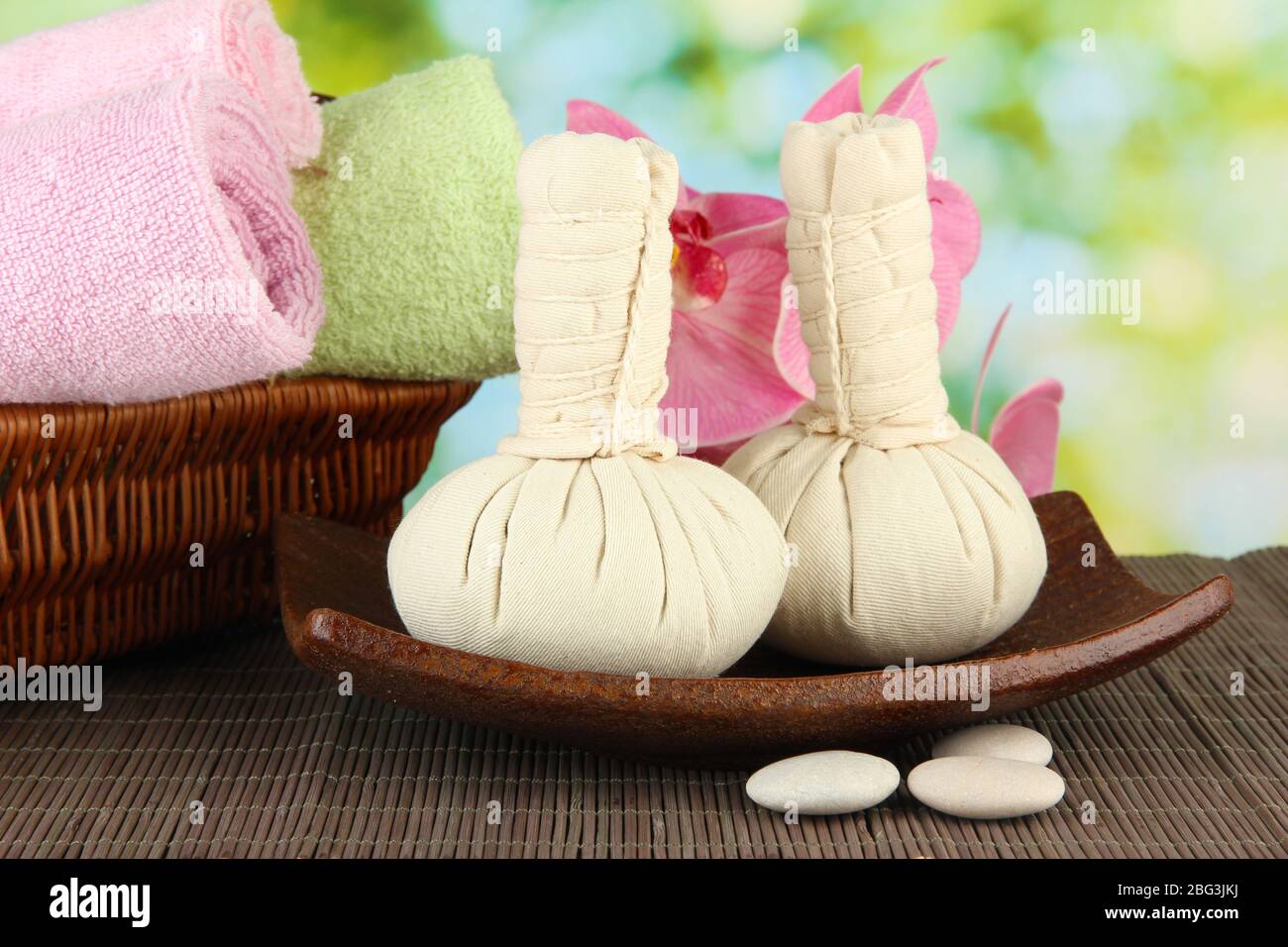 Textile massage spa equipment on nature background Stock Photo Alamy