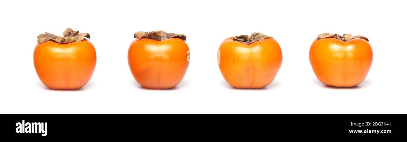 Persimmon fruit isolated on white background. Orange fresh ripe persimmon. Set of persimmons. Collection. Stock Photo