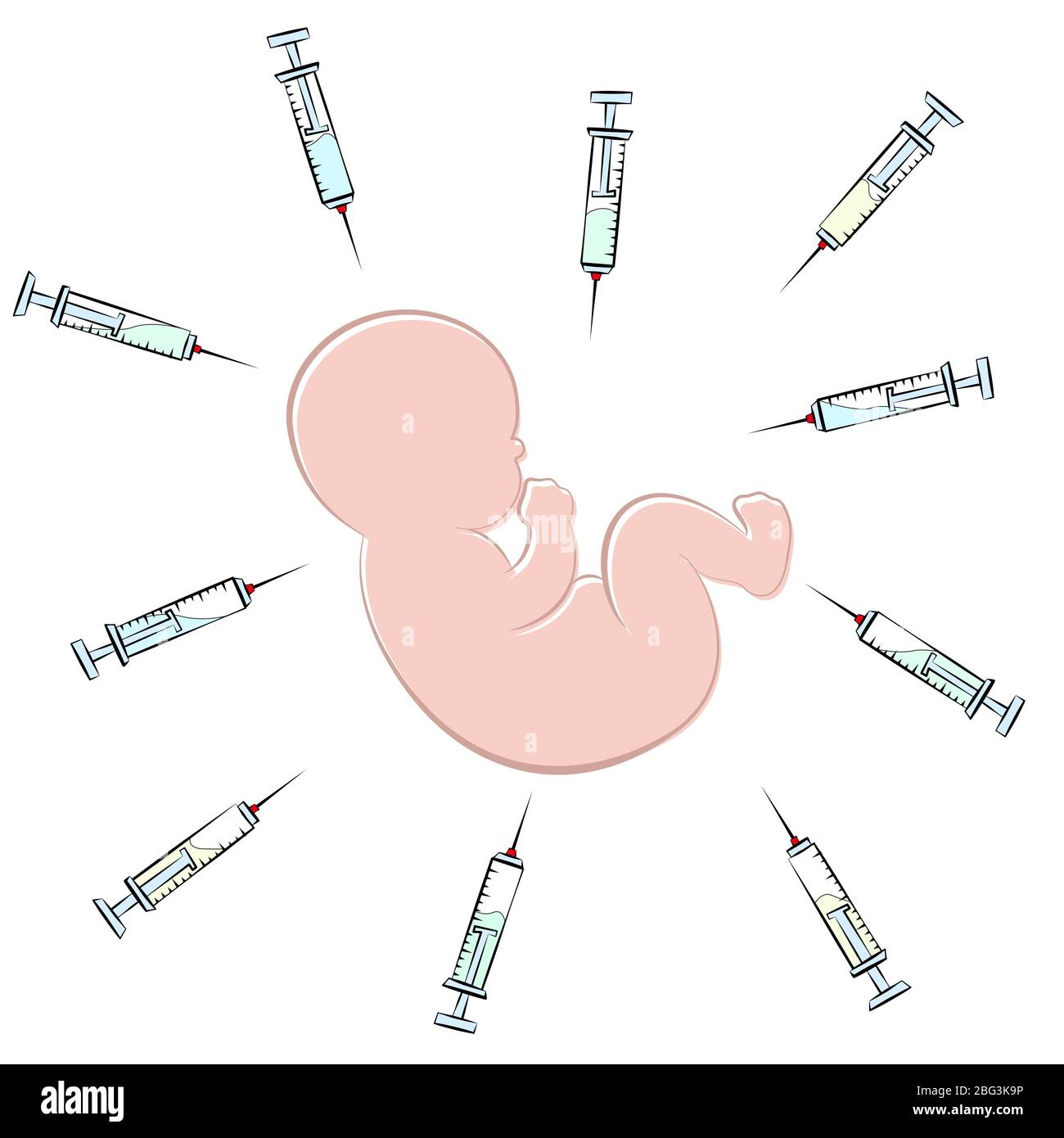 Baby surrounded by syringes, symbolic for vaccine insanity against measles, polio, smallpox, diphtheria, tetanus, chicken pox. Stock Photo