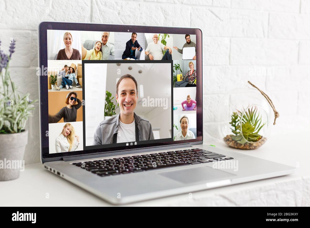 Team working by group video call share ideas brainstorming negotiating ...