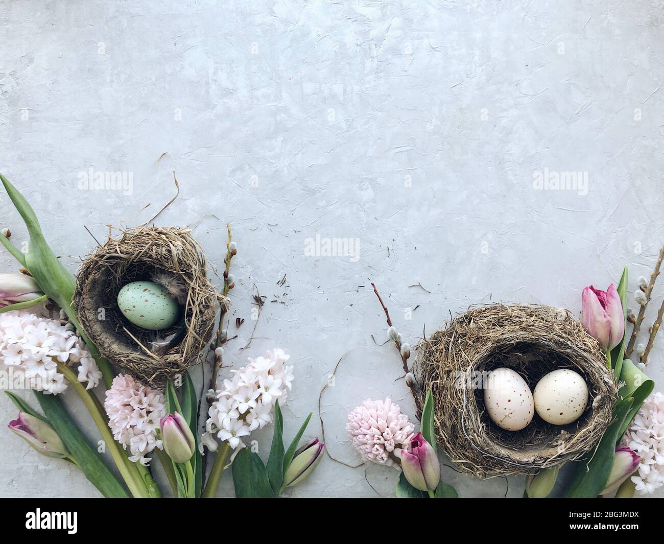 Easter eggs in nests with flowers Stock Photo - Alamy