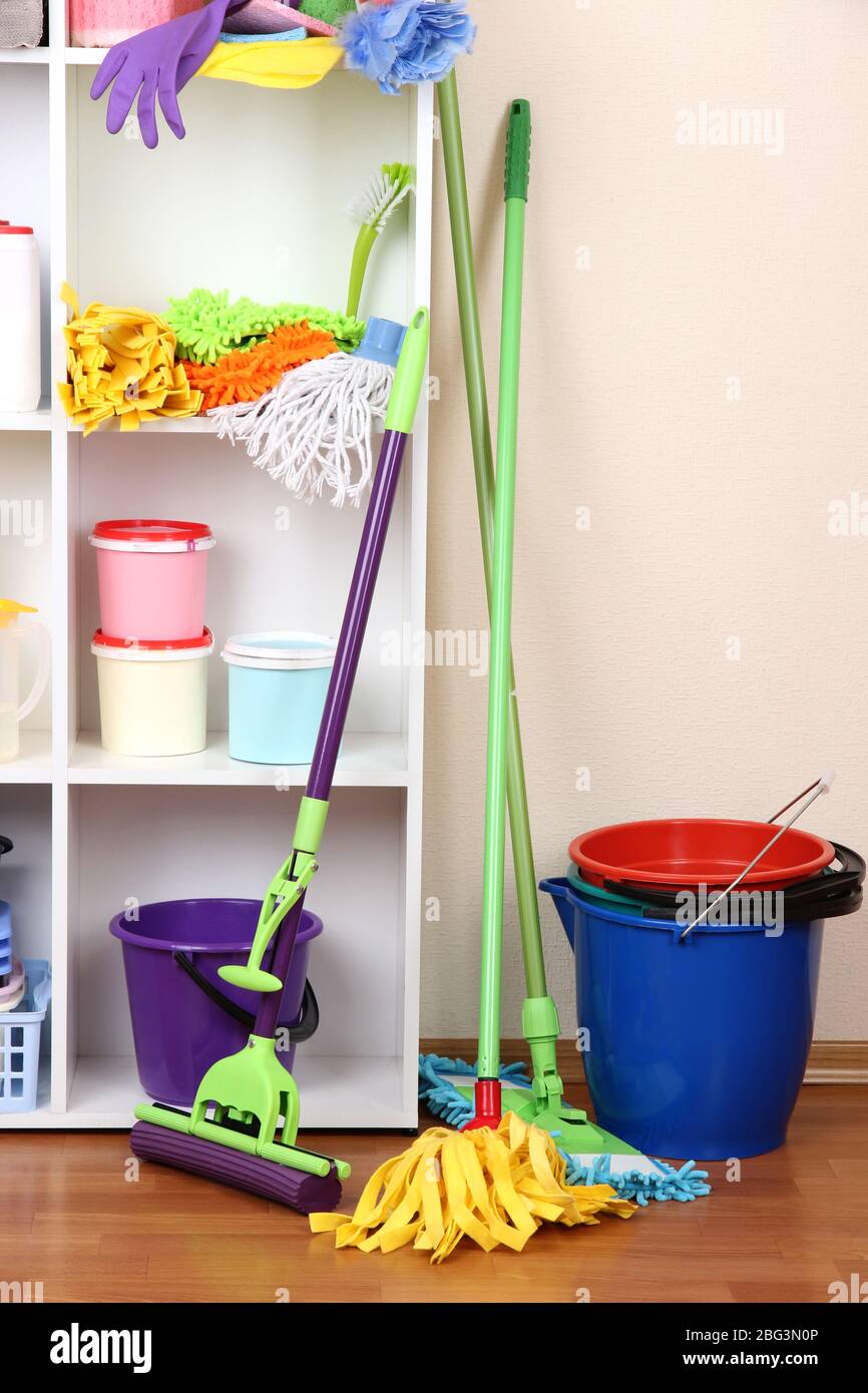 Shelves in pantry with  cleaners for home close-up Stock Photo