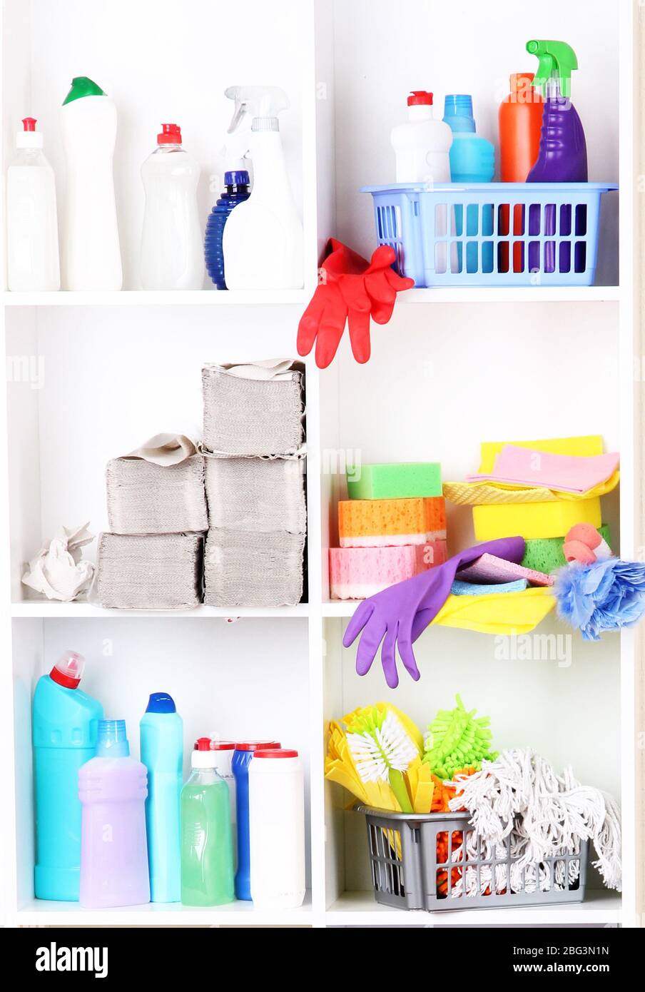 Shelves in pantry with  cleaners for home close-up Stock Photo