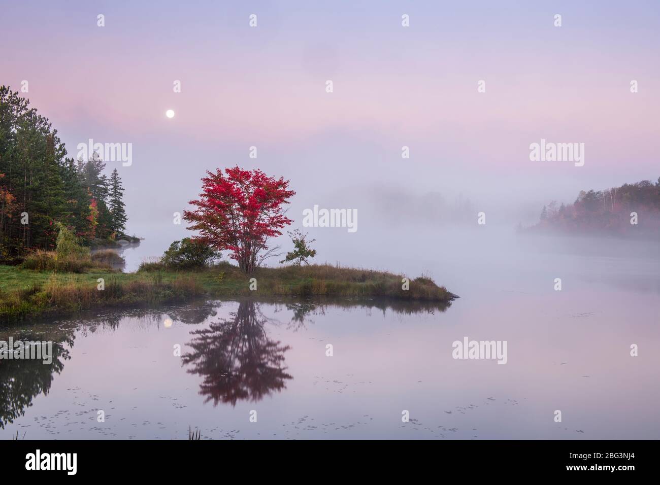 Autumn reflections and setting moon in St. Pothier Lake at dawn, Greater Sudbury, Ontario, Canada Stock Photo