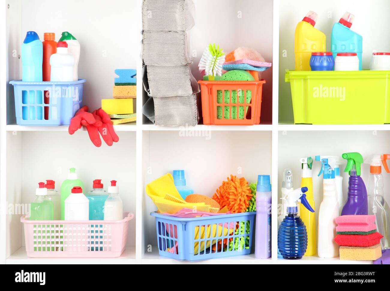 Shelves in pantry with cleaners for home close-up Stock Photo