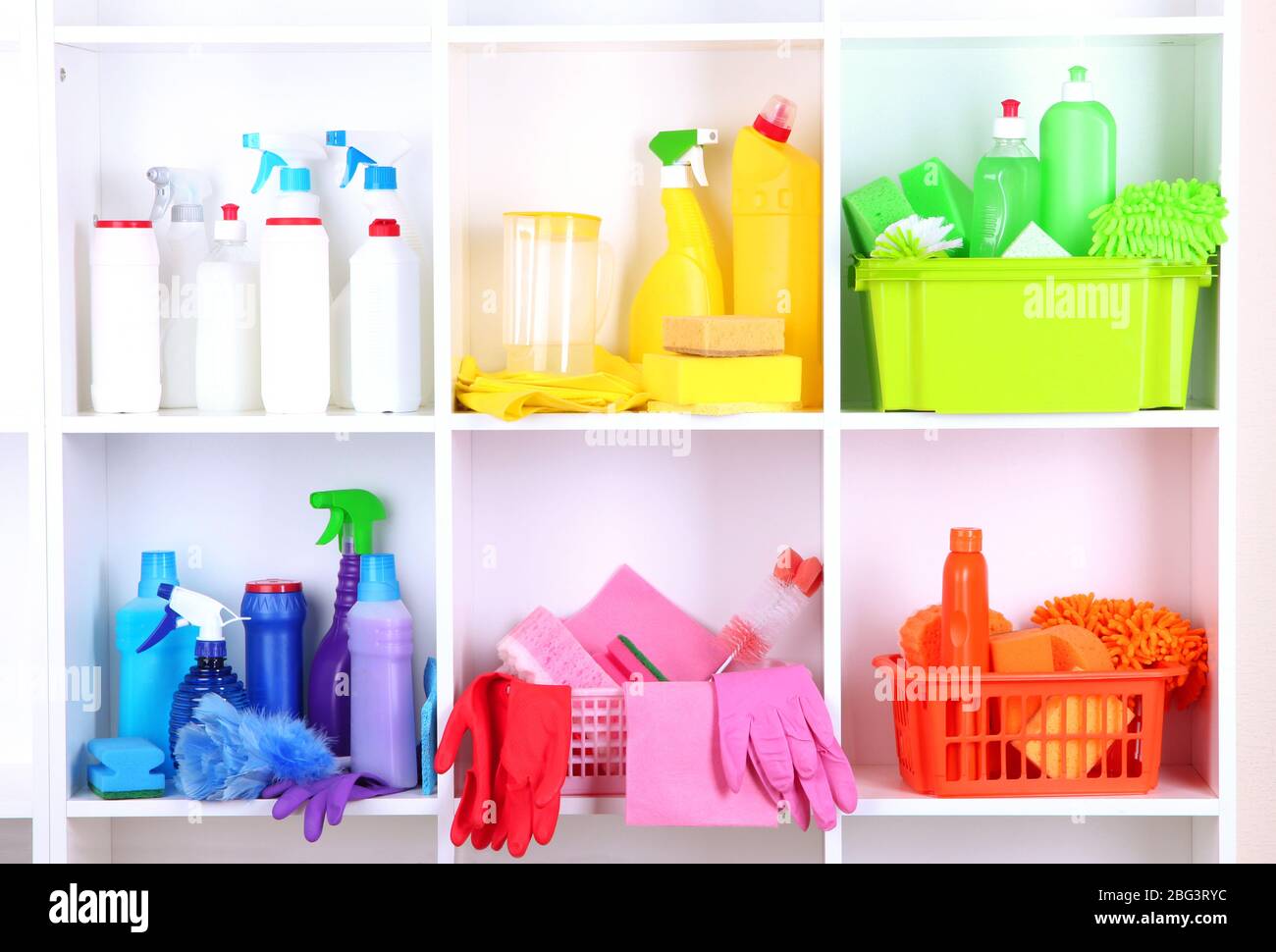 Shelves in pantry with cleaners for home close-up Stock Photo
