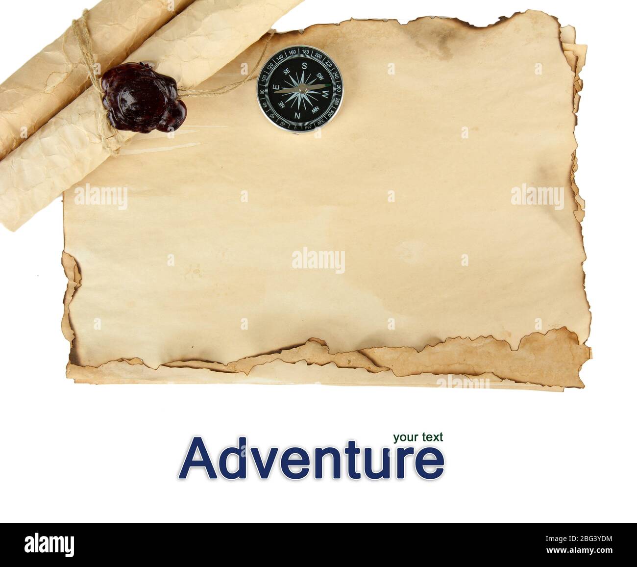 Old paper, scrolls and compass isolated on white Stock Photo