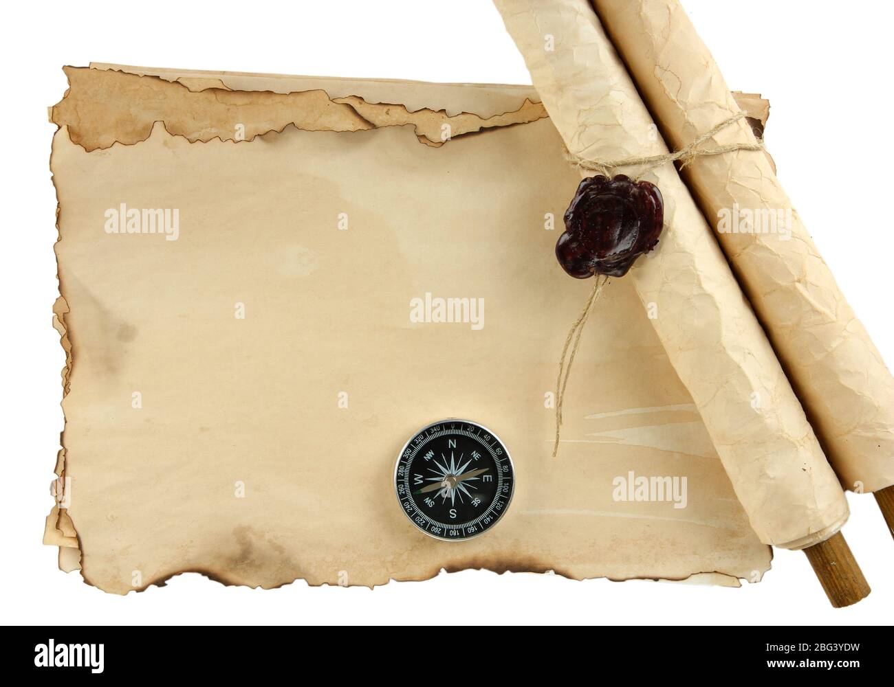 Old paper, scrolls and compass isolated on white Stock Photo - Alamy