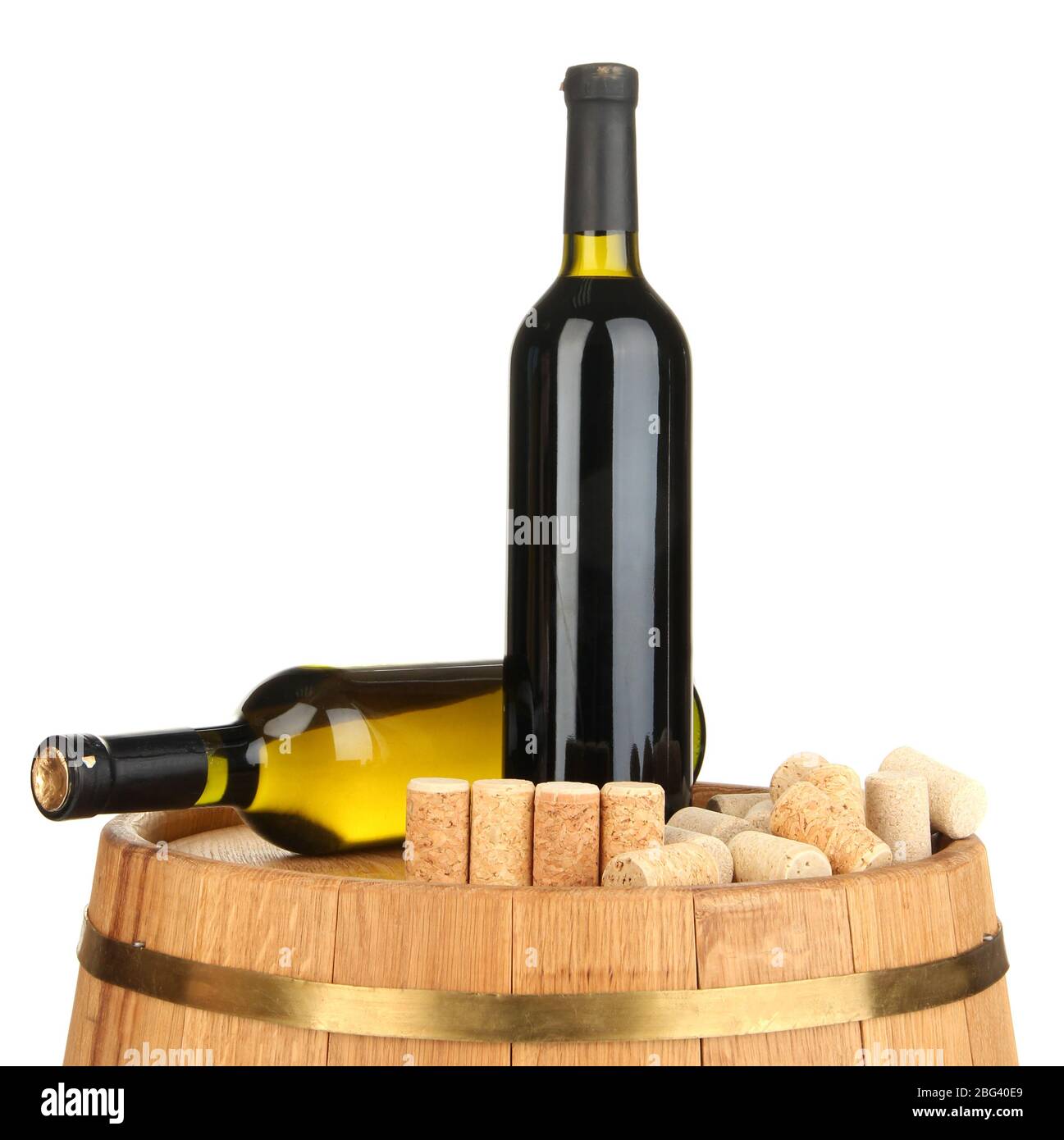 Wine and corks on barrel isolated on white Stock Photo Alamy