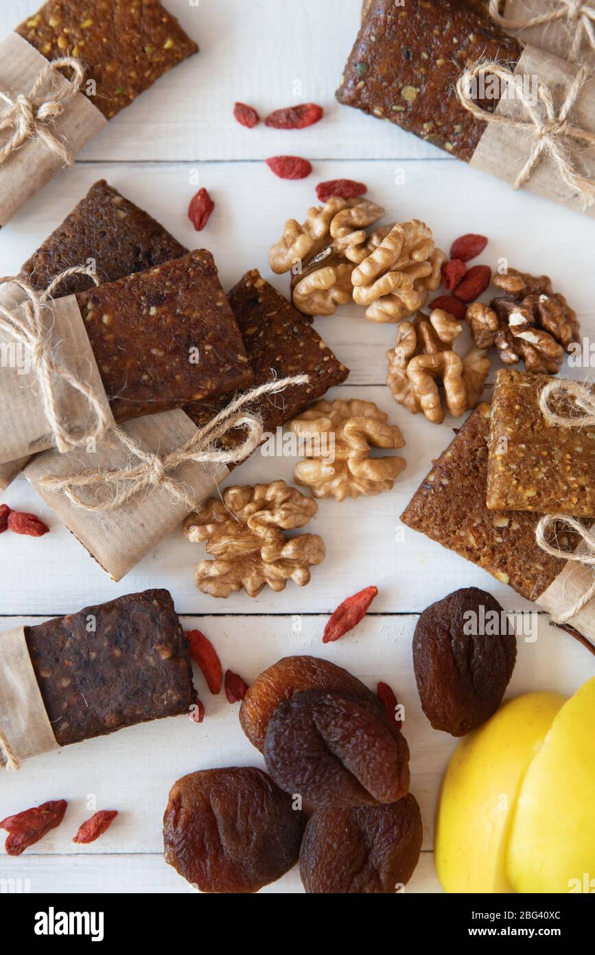 Home made healthy protein bars on a table Stock Photo