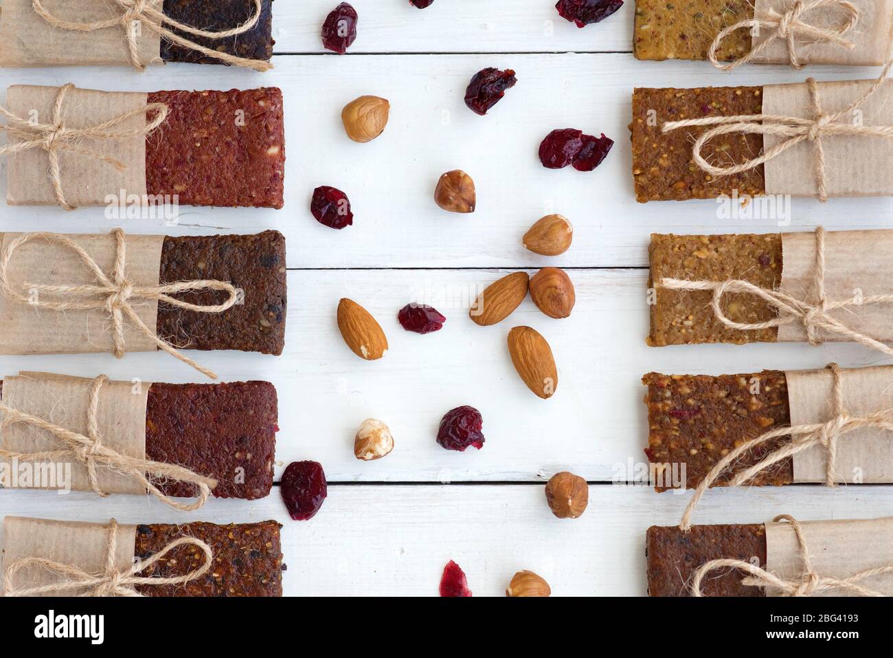 Rows of Home made healthy protein bars on a table Stock Photo