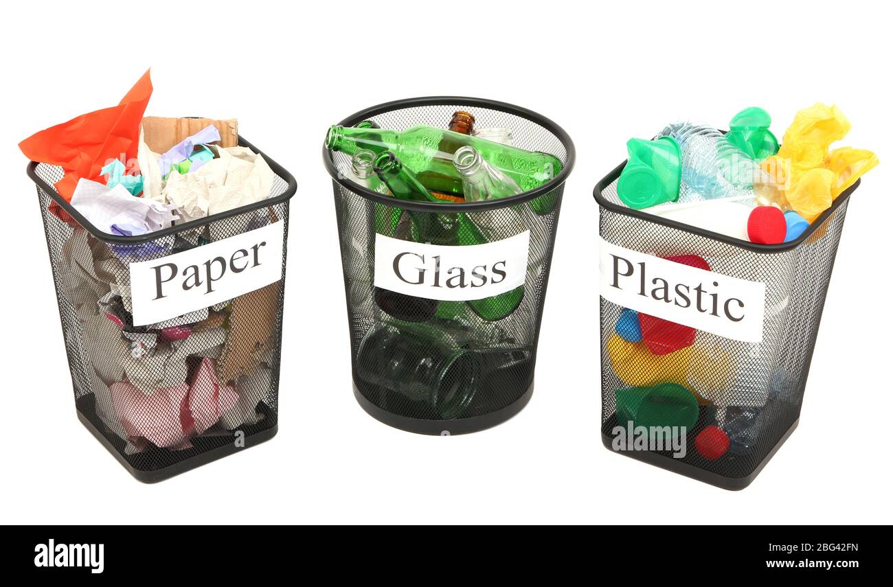 Buckets for waste sorting isolated on white Stock Photo Alamy