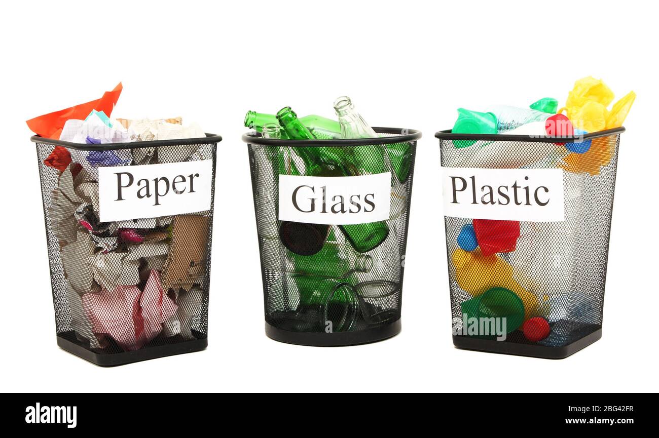 Buckets for waste sorting isolated on white Stock Photo Alamy