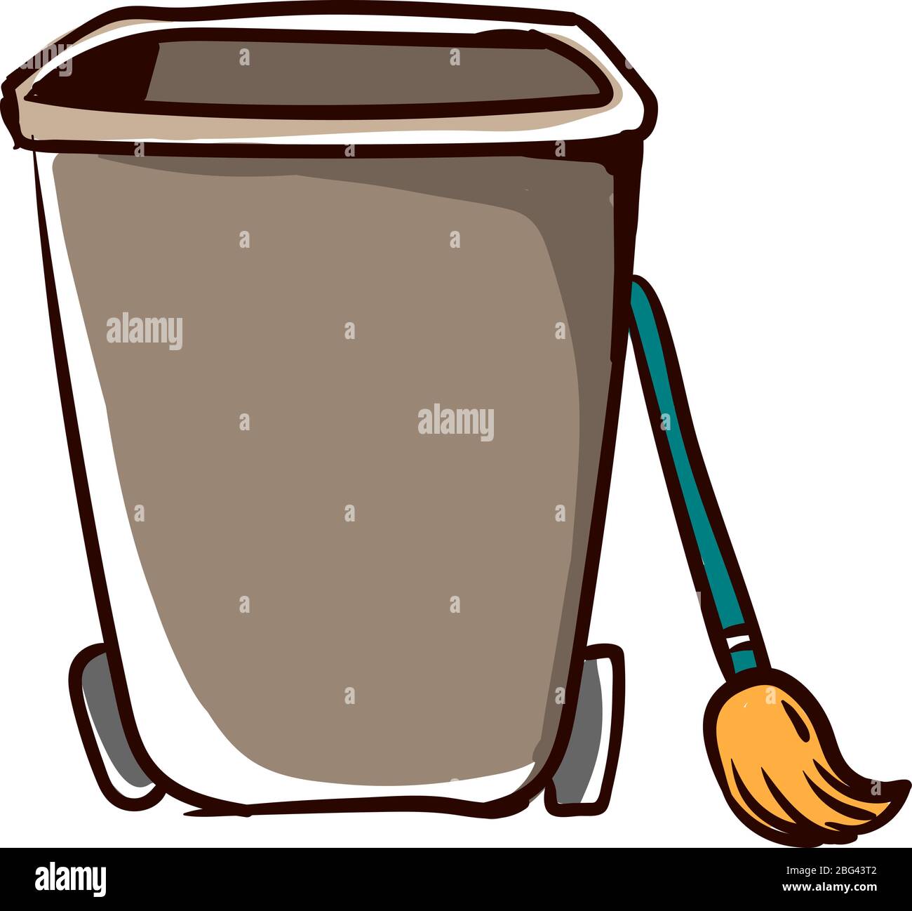 Bin with broom, illustration, vector on white background Stock Vector