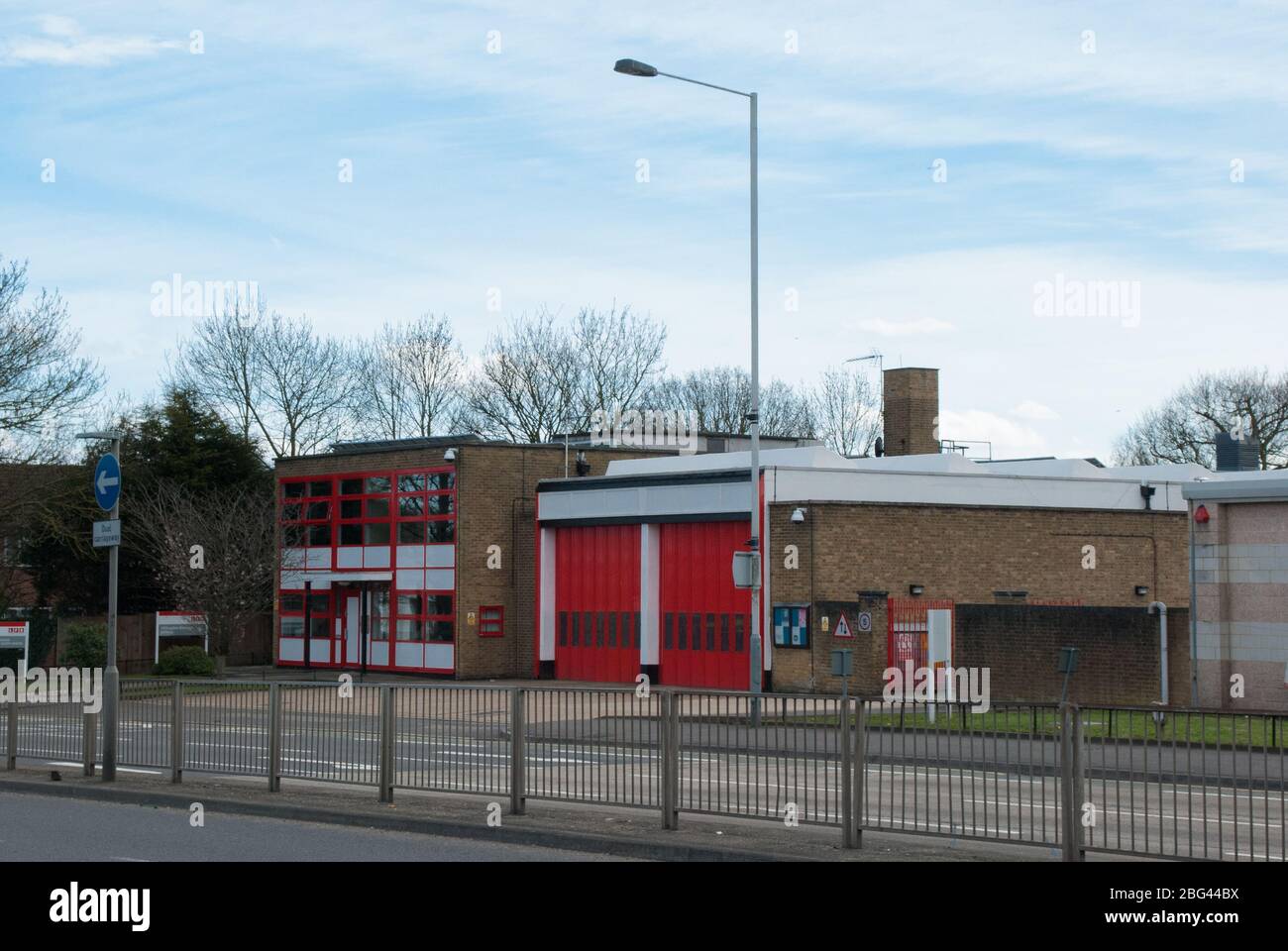 Red Doors Mid Century Architecture Brick Uxbridge Fire Station, Uxbridge Road, Hillingdon, UB10 0PH Stock Photo