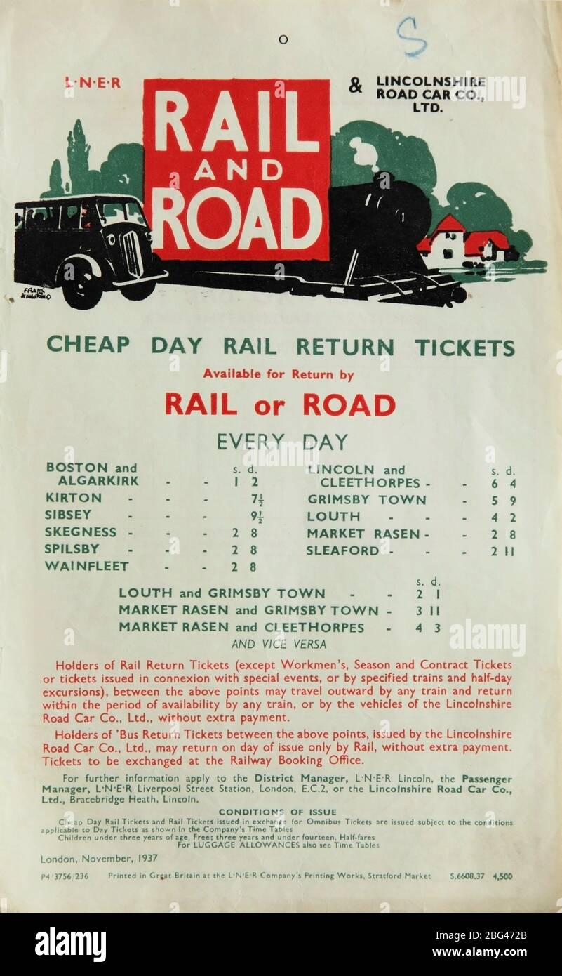 Handbill from the LNER for cheap rail and road tickets from Boston to  Louth, Market Rasen, Grimsby and Cleethorpes in October 1937. Stock Photo
