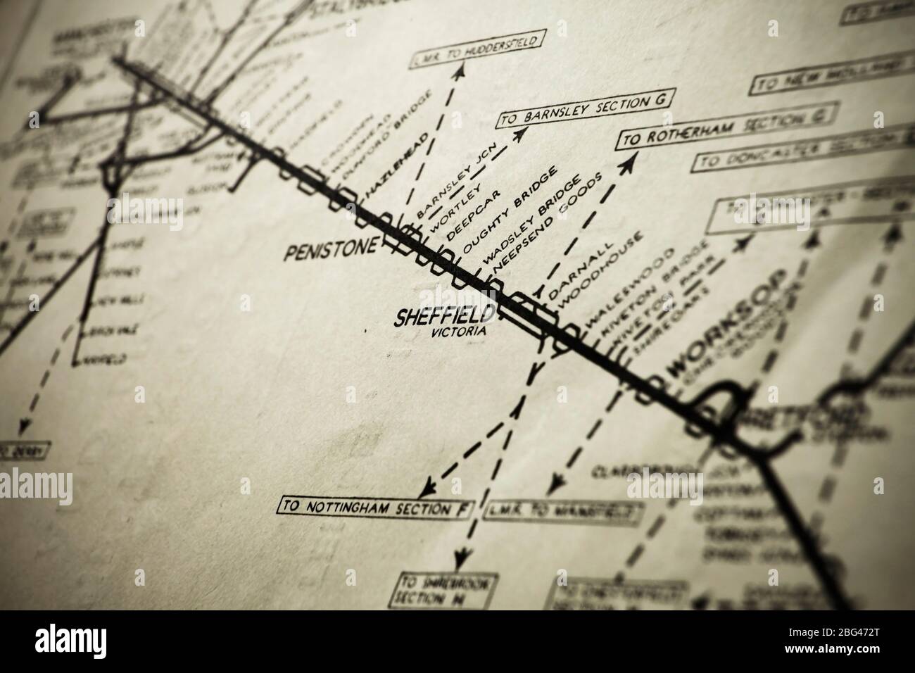 Vintage rail network map covering Worksop to Sheffield and Manchester via the Woodhead route. Stock Photo