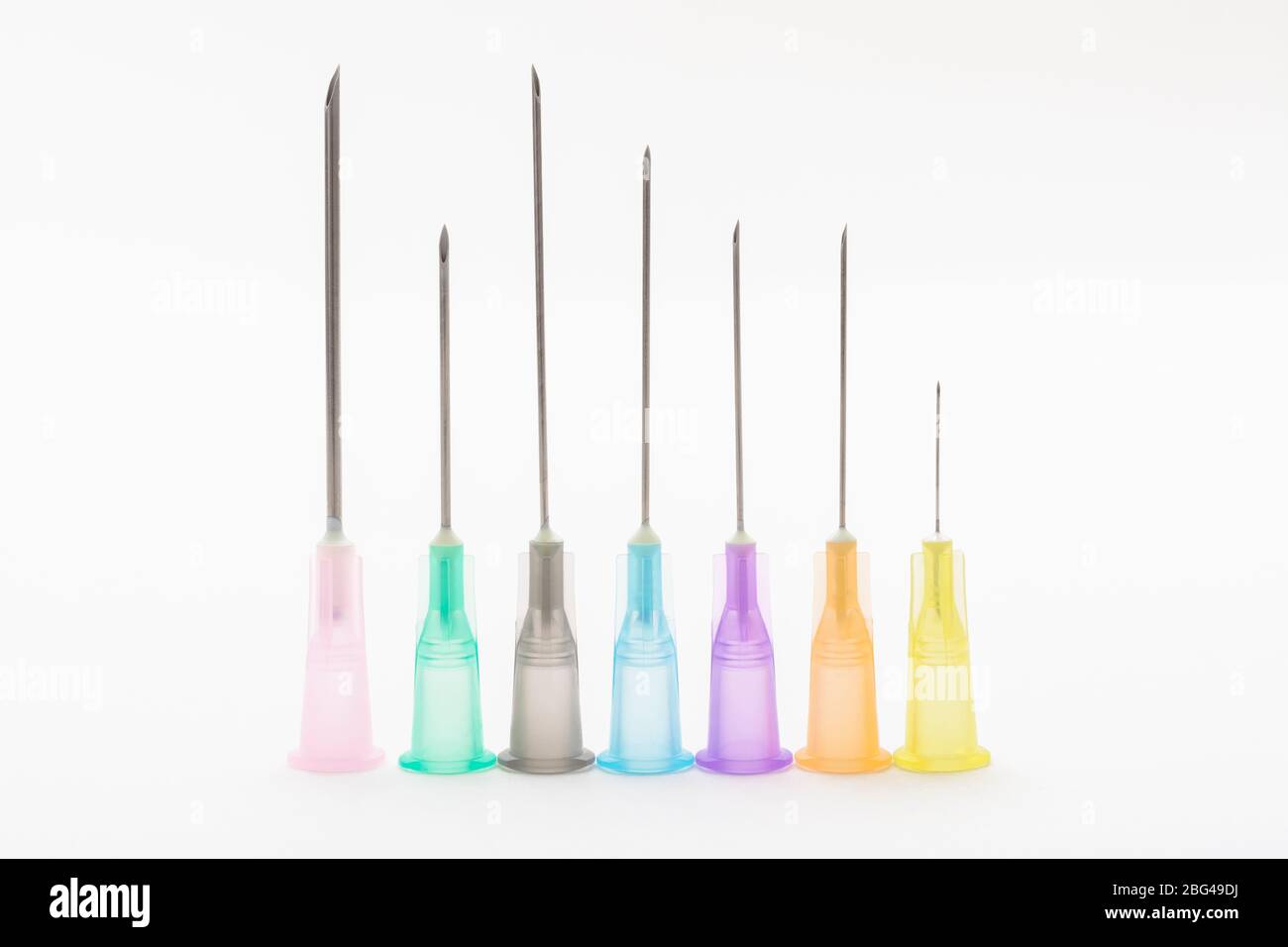 Closeup of hypodermic needles. Specifically BD Microlance brand (see