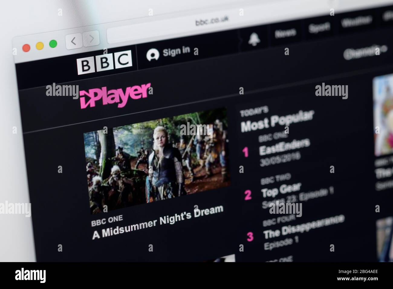 Close up detail of the home page for the BBC iPlayer on a computer screen Stock Photo