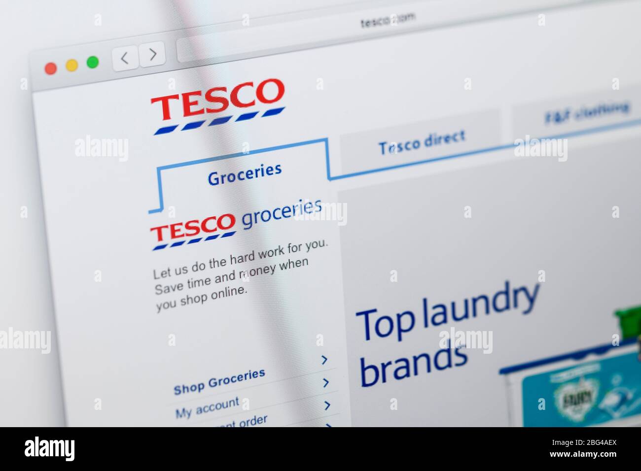 Close up detail of the home page for supermarket Tesco Stock Photo