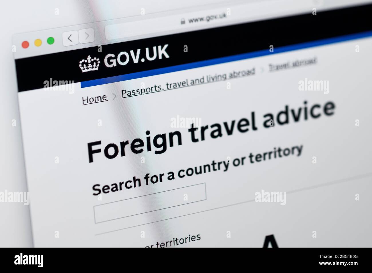 Close up detail of the home page of the UK government website showing information for foreign travel advice Stock Photo