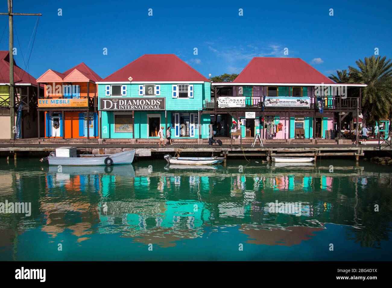 shops in St. John's Antigua  barbuda  caribbean sea Sea west indies,cruise terminal,cruise ships,shops in antgiua,water front st johns antigua Stock Photo