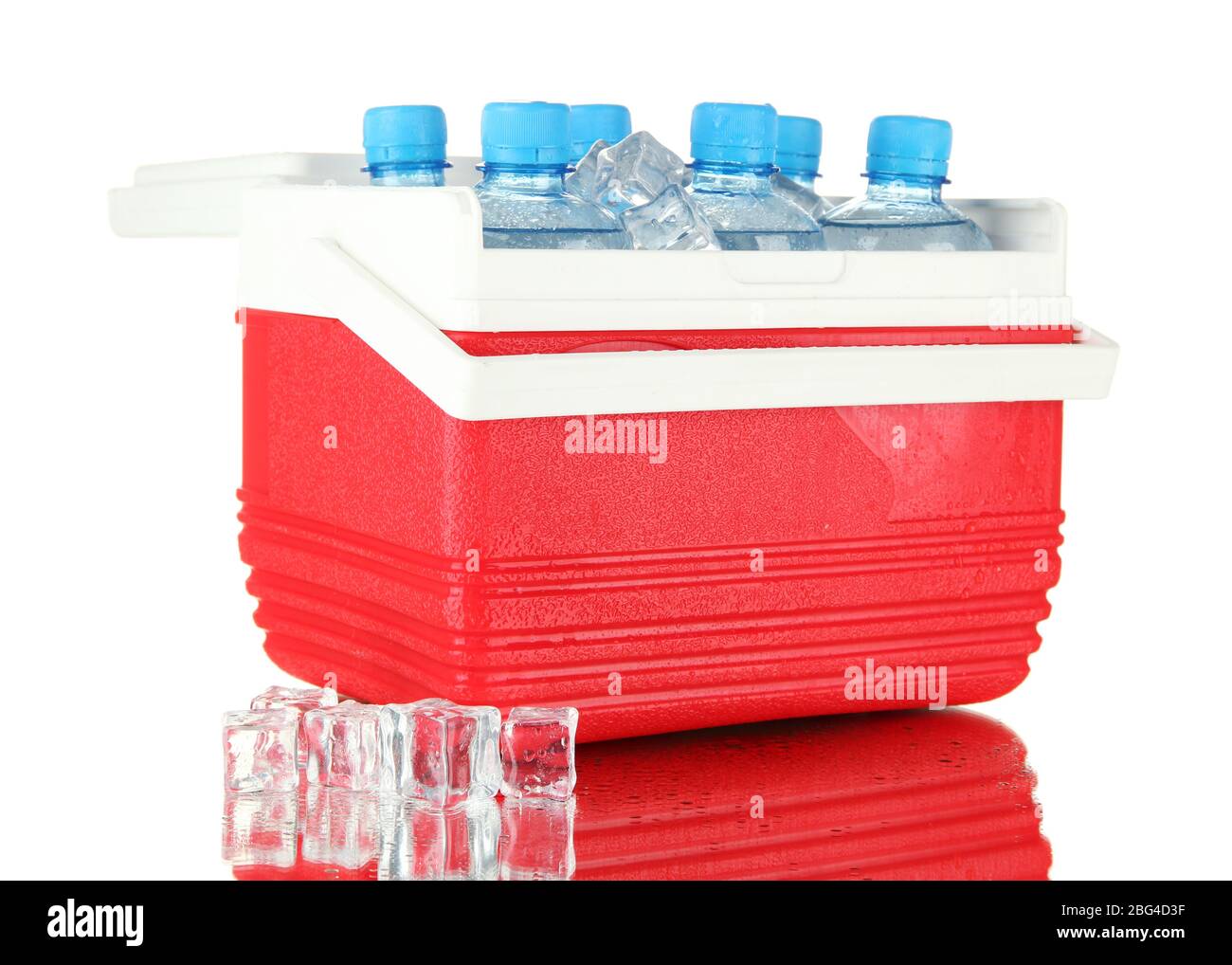 Traveling refrigerator with bottles of water and ice cubes, isolated on ...