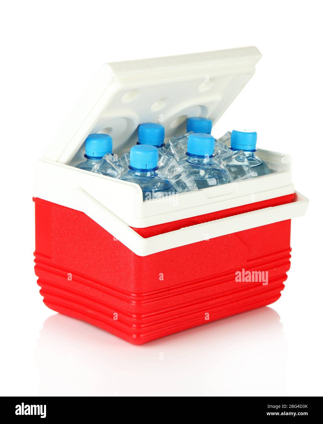 Traveling refrigerator with bottles of water and ice cubes, isolated on