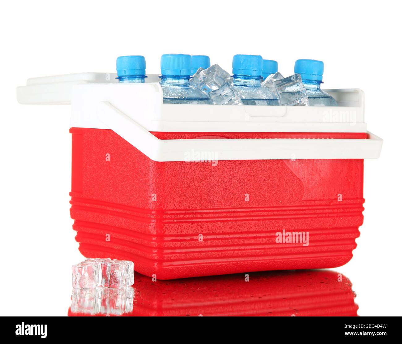 Traveling refrigerator with bottles of water and ice cubes, isolated on white Stock Photo Alamy