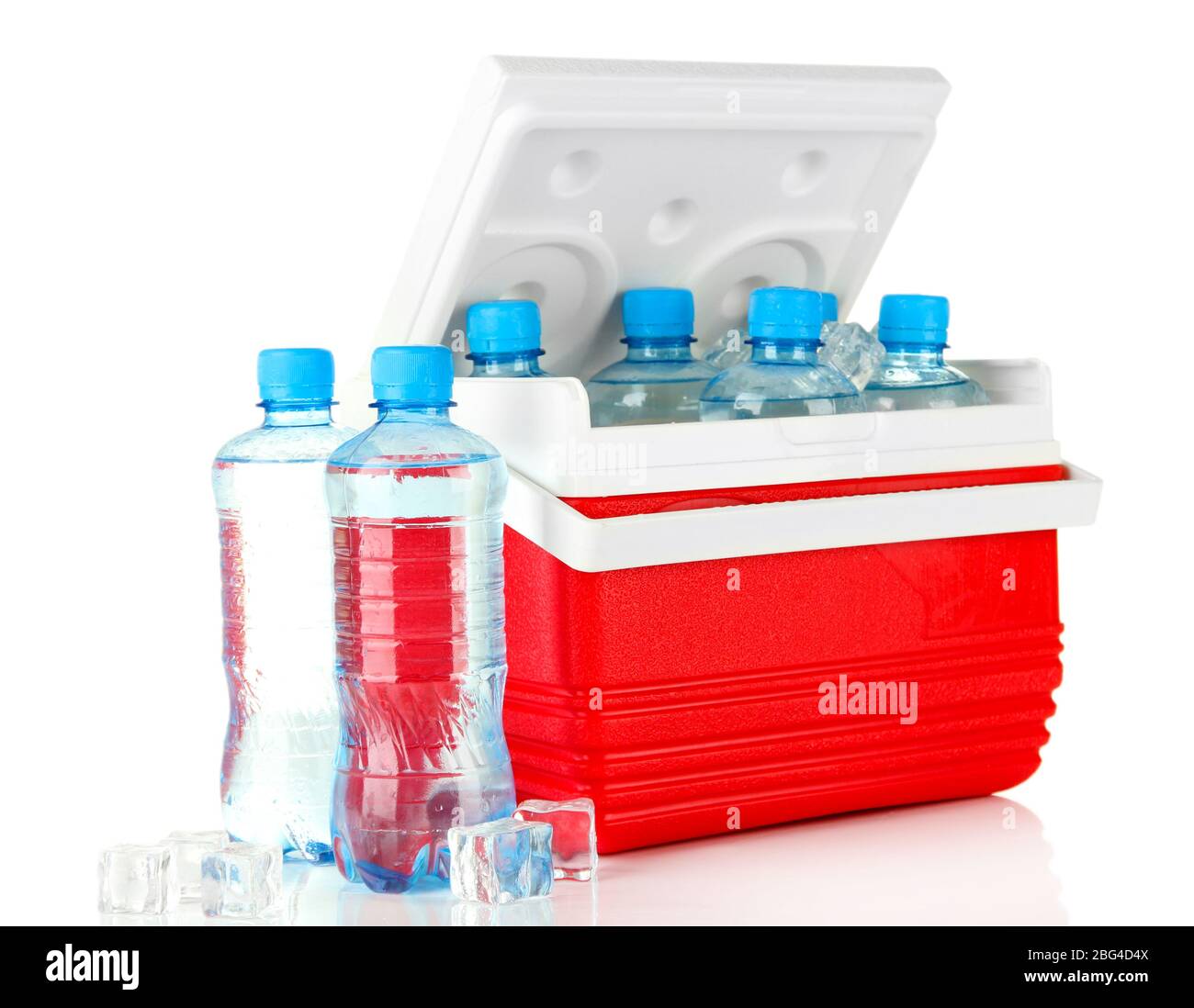 Traveling refrigerator with bottles of water and ice cubes, isolated on ...