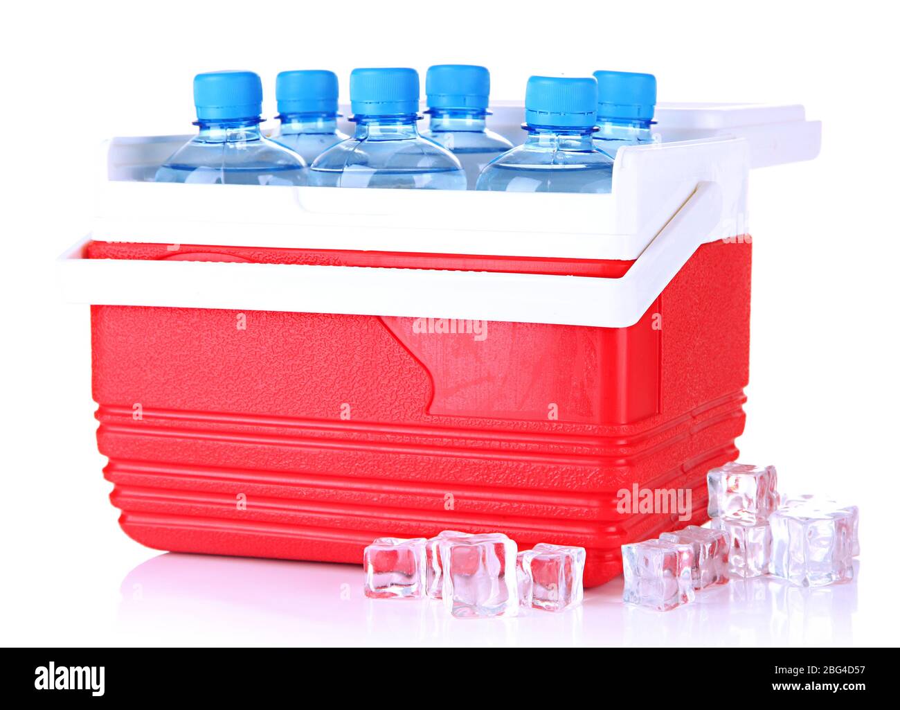 Traveling refrigerator with bottles of water and ice cubes, isolated on