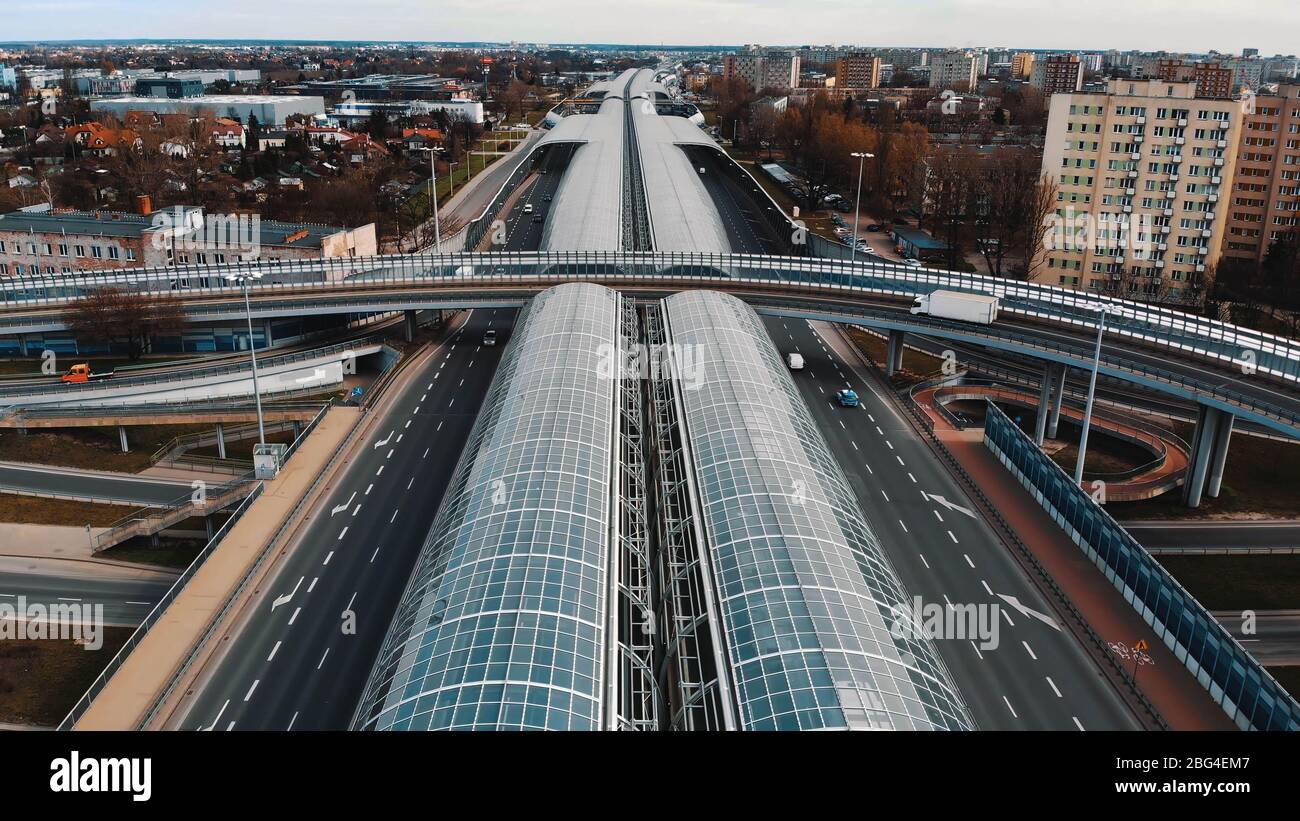 Warsaw, Poland, 03.20.2020. The antinoise glass tunnel and overpass