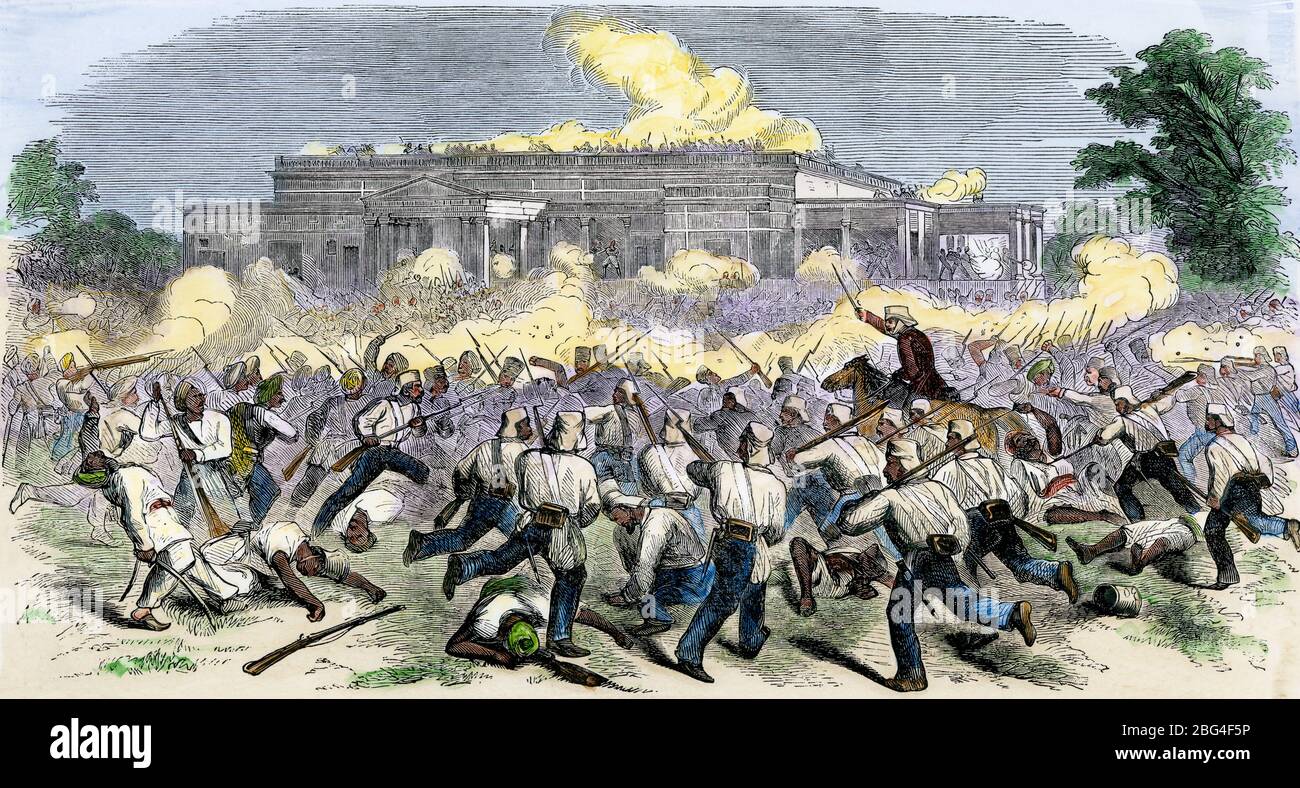 Fight at Allahabad during the Sepoy Rebellion in India, 1857. Hand-colored woodcut Stock Photo