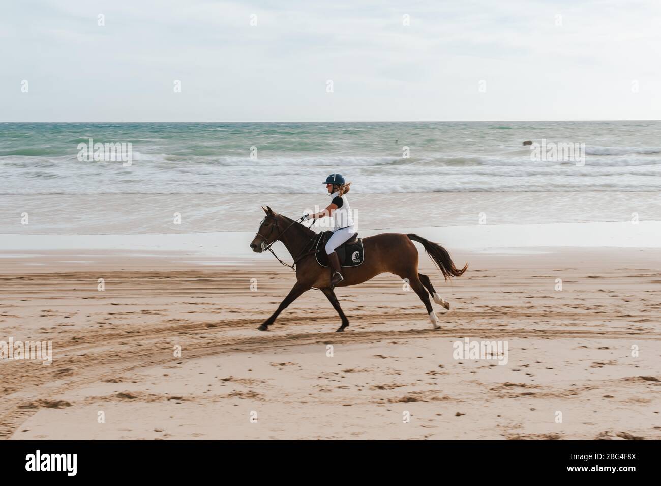 Woman riding Andalusian horse along beach in Spain Stock Photo