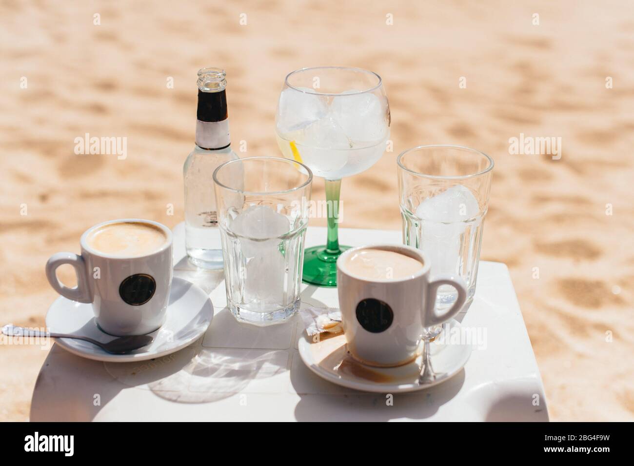 Coffees and cocktails at the beach no people Stock Photo