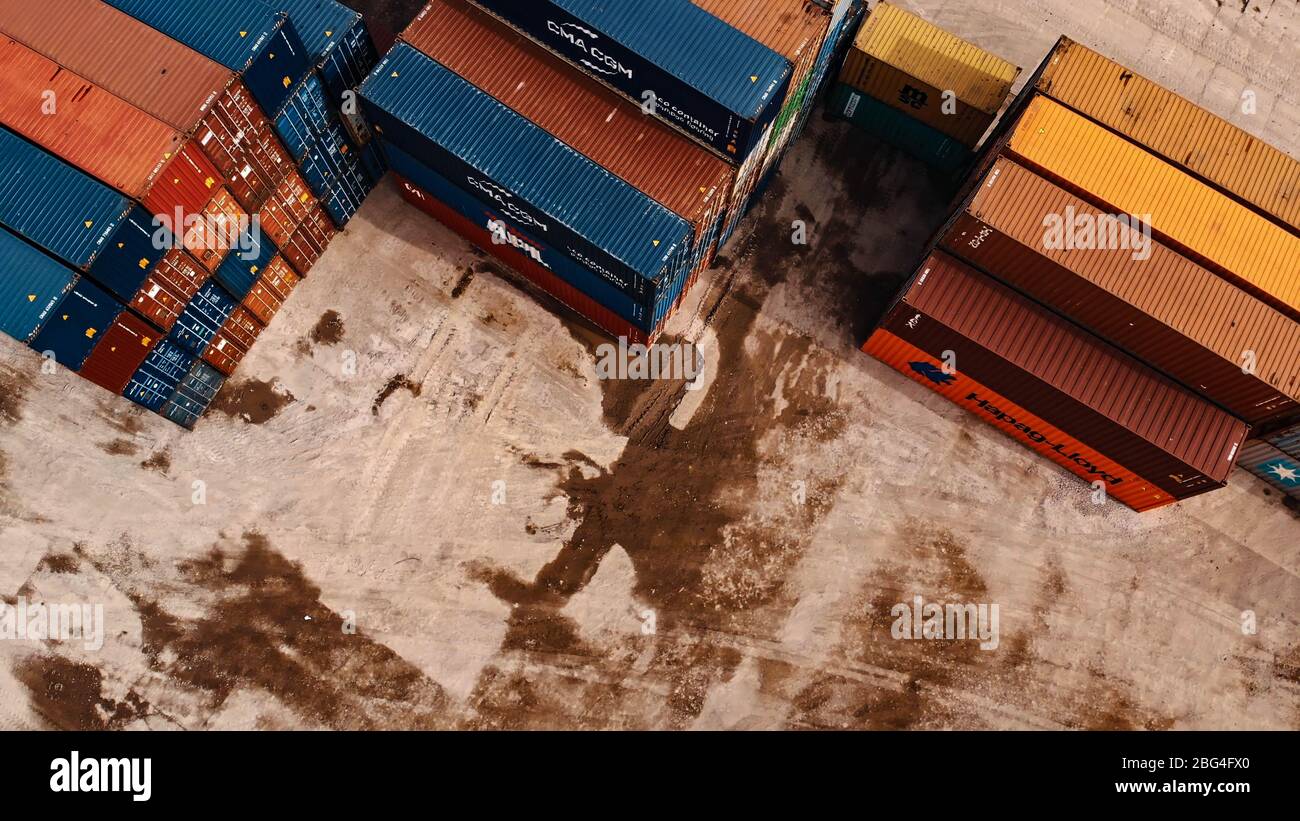Warsaw, Poland 03.20.2020. Empty cargo containers on the railyard