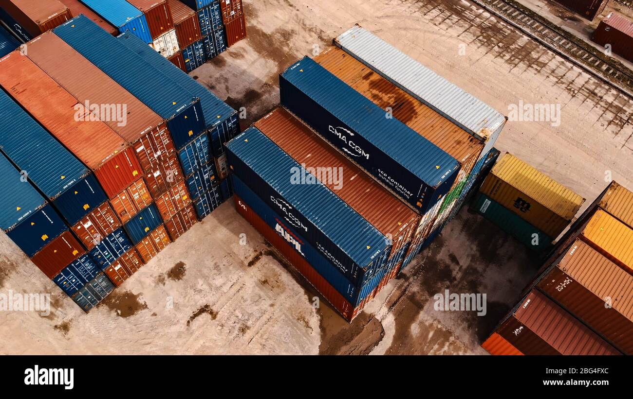 Warsaw, Poland 03.20.2020. Empty cargo containers on the railyard