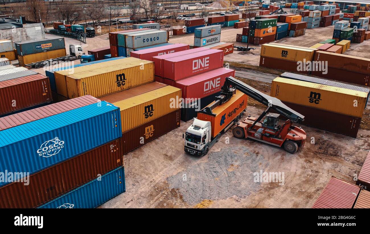 Warsaw, Poland 03.20.2020. Empty cargo containers on the railyard