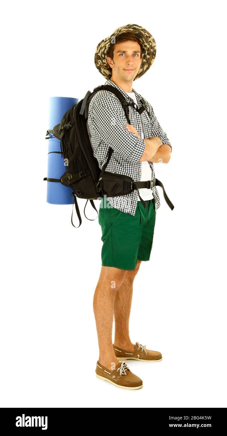 Young hiker man tourist, isolated on white Stock Photo