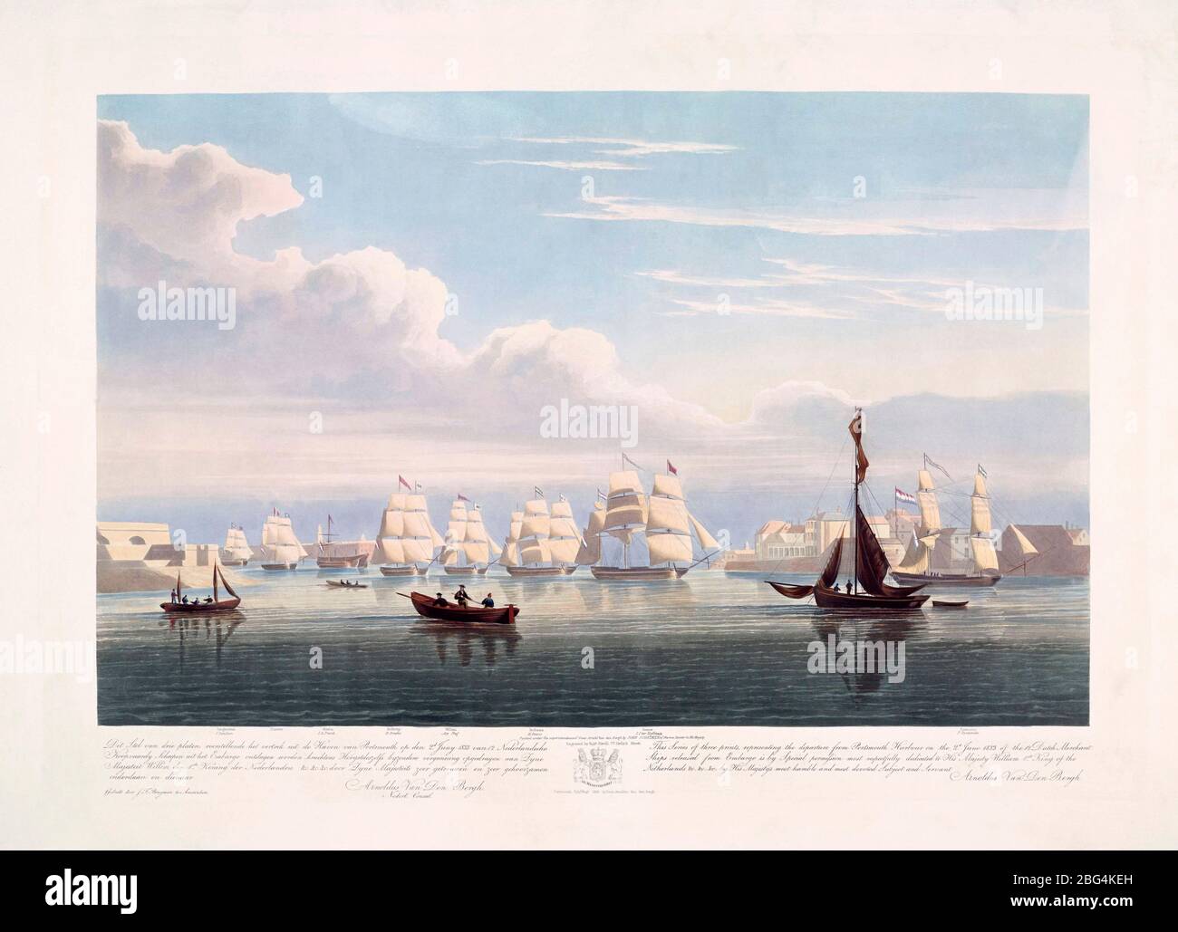 Dutch merchant ships leaving Portsmouth harbour on June 2, 1833.  From an etching dated 1835 by Robert Havell after John Christian Schetky.  England had embargoed twelve Dutch ships in 1832 to put pressure on William of Orange to support Leopold’s election as first King of the Belgians after the country gained independence from the Netherlands.  This picture is one of a set of three showing the ships leaving England after the lifting of the embargo. Stock Photo