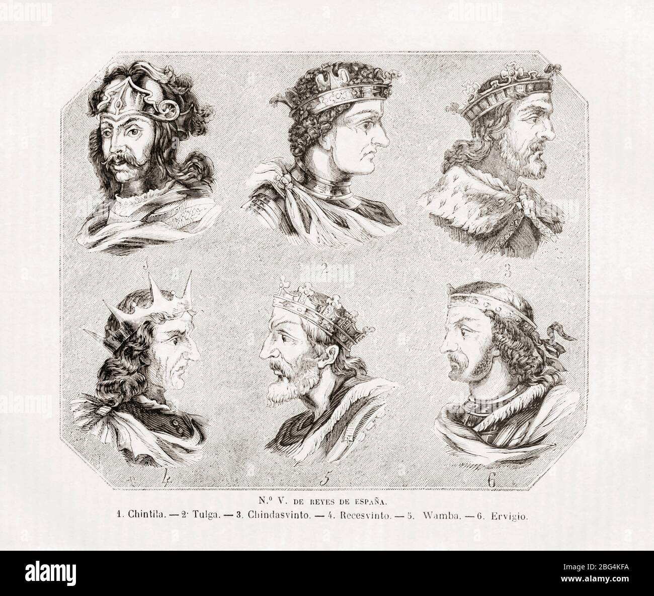 Six Spanish kings.  They are named in the caption beneath the portraits.   From Las Glorias Nacionales, published in Madrid and Barcelona, 1852. Stock Photo